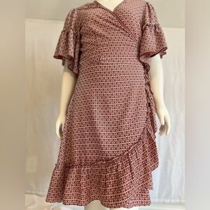 Max Studio Ruffle Wrap Dress Red/white Geometric Print Size L
